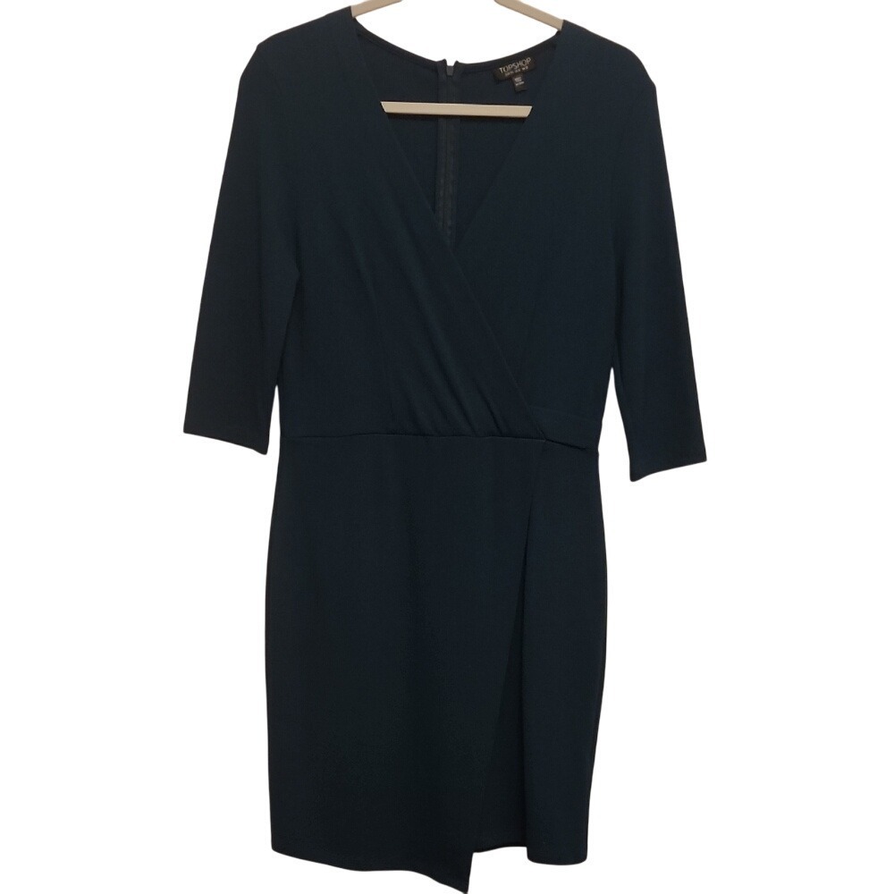 5 for $20 Topshop Wrap Front Dress 8 Green 3/4 Sleeve Textured‎ V-Neck Mini